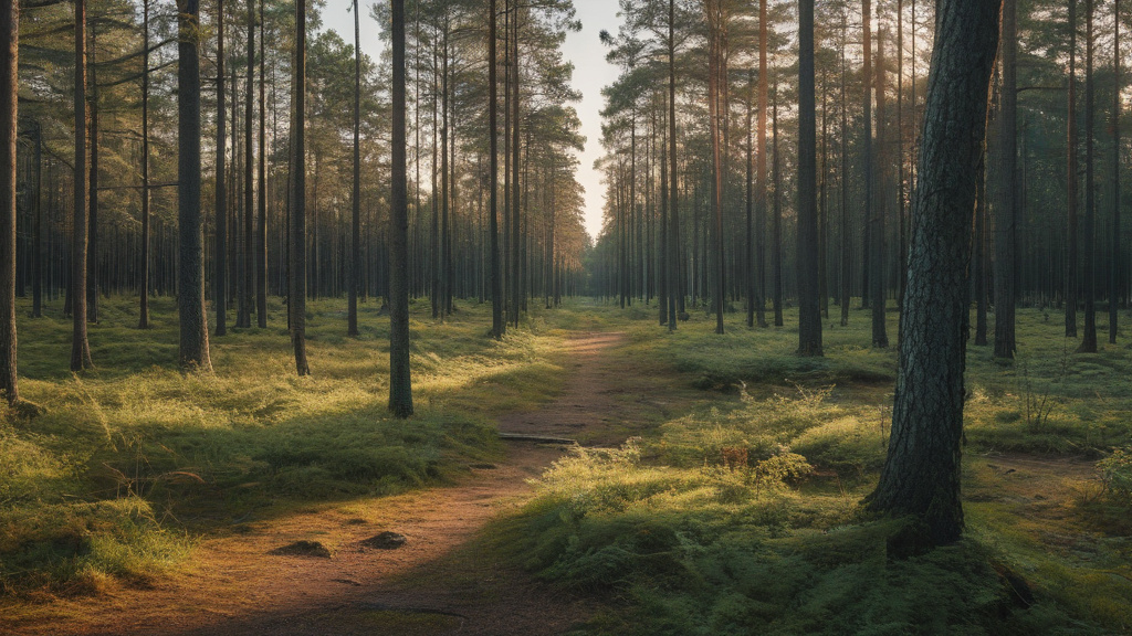 En stilla skogsstig i gryning — bilden representerar balans, eftertanke och vikten av ansvarsfullt spel.